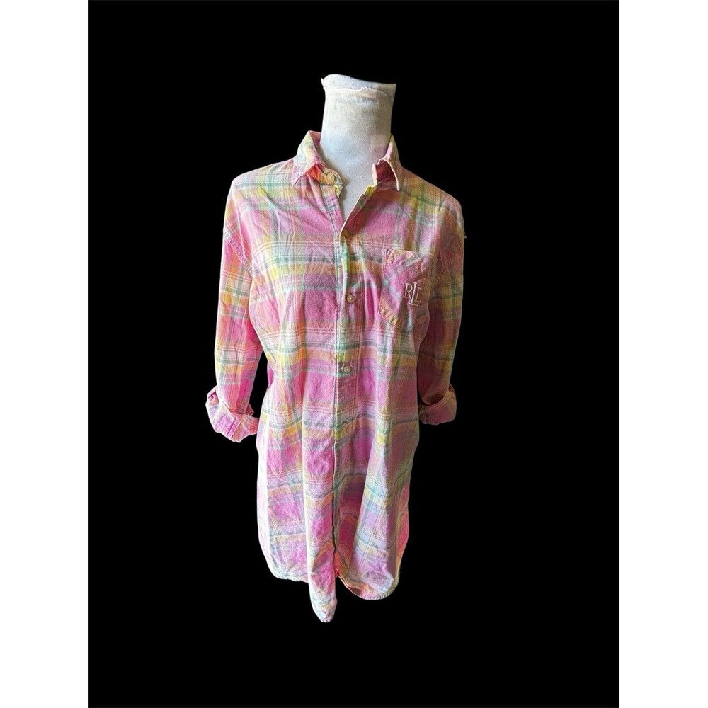 Lauren Ralph Lauren Embroidered Monogram Preppy Pink Plaid Cotton Sleep Shirt